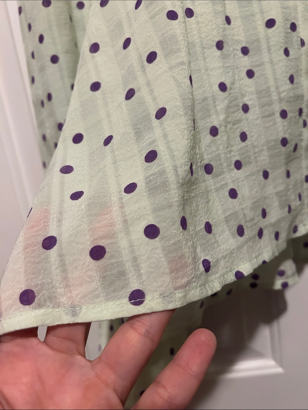 Glam Light Green Polka Dot Button-Up Blouse with Purple Dots - Picture 2 of 8